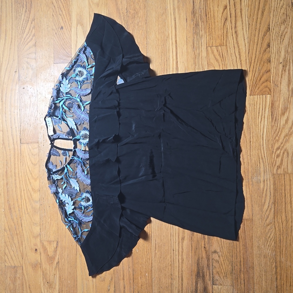 Sandro black 100% silk flutter ruffle floral embroidered top
